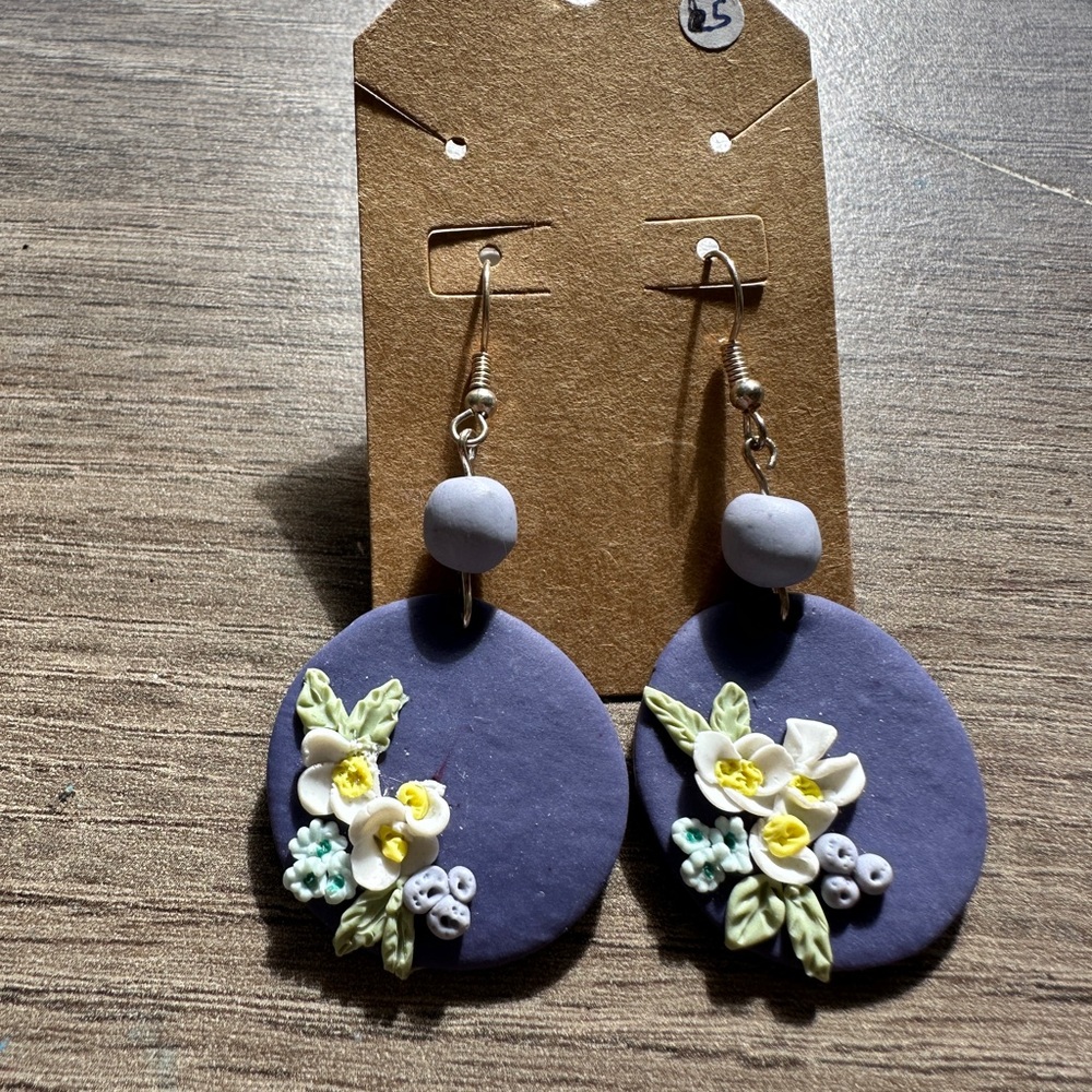 Handmade Polymer Clay Purple Floral Drop Earrings